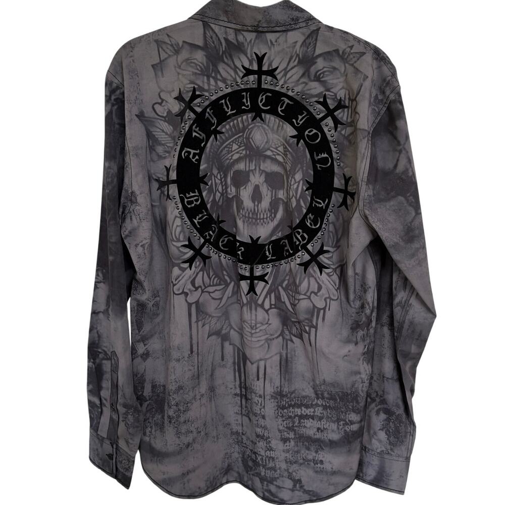 Affliction Gray Skull Graphic Grunge Velvet Studded Corporate Goth Shirt Medium